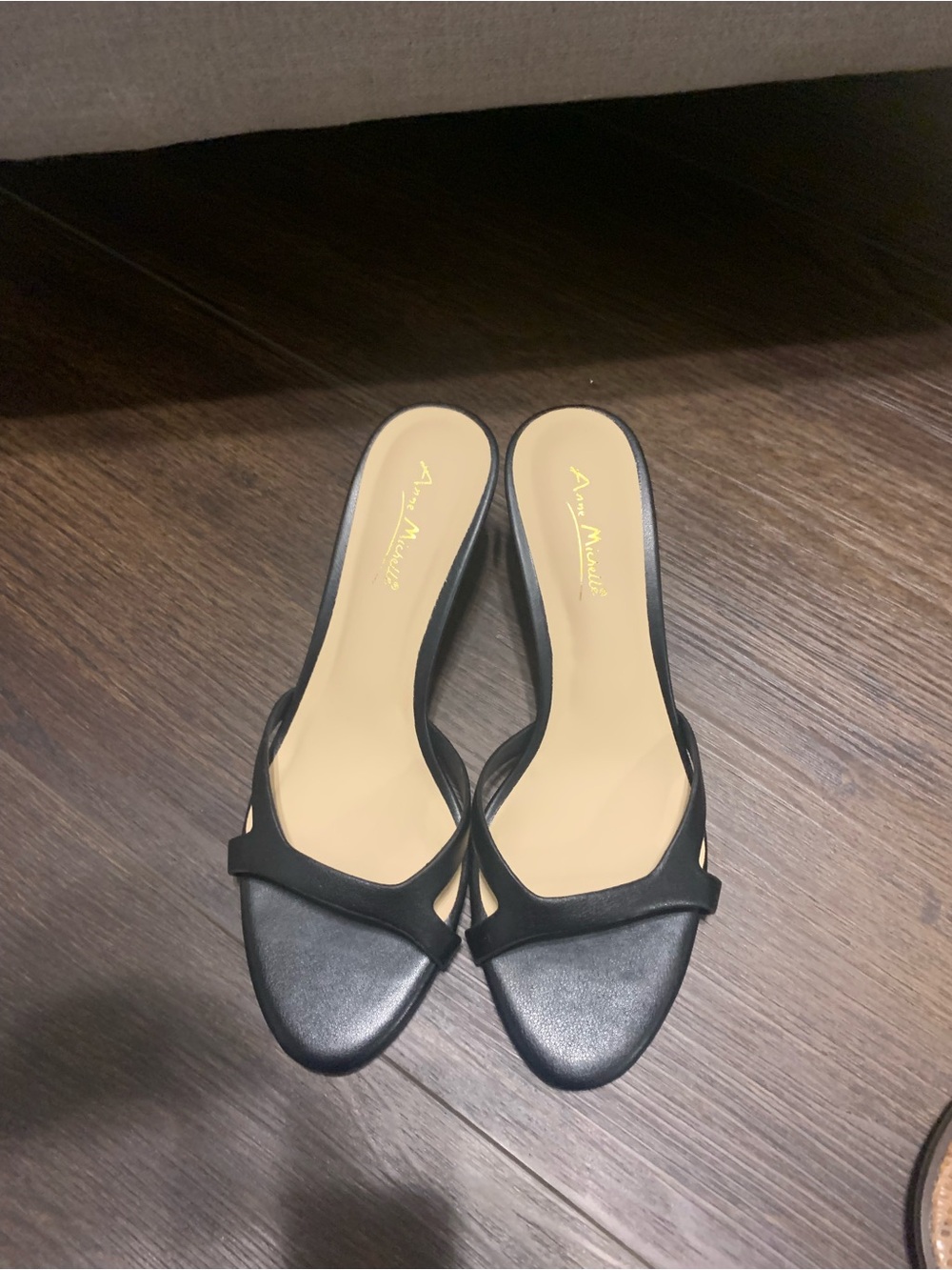 Anne Michelle Black Open-Toe Slide Heels